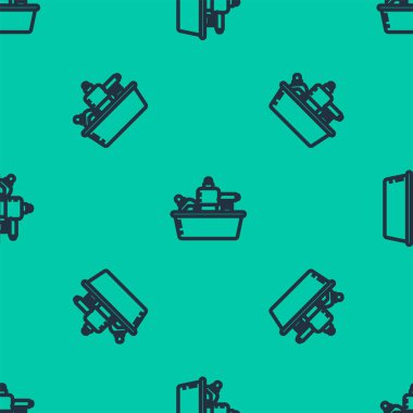 Mavi çizgi plastik şişeler sıvı çamaşır deterjanı, çamaşır suyu, bulaşık deterjanı ya da yeşil arka planda izole edilmiş başka bir temizlik maddesi ikonu için. Vektör İllüstrasyonu