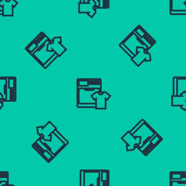 Mavi çizgi yıkama ve tişört ikonu yeşil arka planda izole edilmiş pürüzsüz desen. Çamaşır makinesi simgesi. Çamaşır makinesi, çamaşır makinesi. Ev aletleri sembolü. Vektör İllüstrasyonu