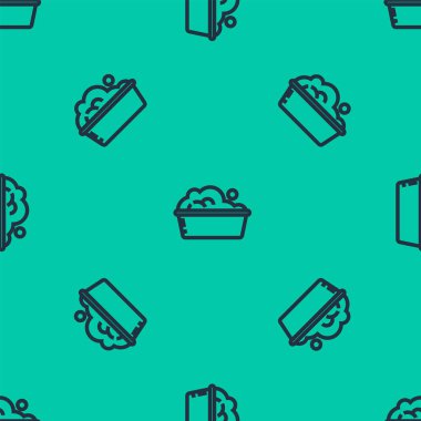 Mavi çizgi sabun köpüklü plastik leğen yeşil arka planda izole edilmiş pürüzsüz desen. Sulu kase. Çamaşır yıkama, temizlik malzemeleri. Vektör İllüstrasyonu