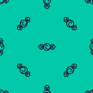 Mavi çizgi Candy simgesi yeşil arka planda kusursuz desen izole etti. Mutlu Cadılar Bayramı Partisi. Vektör İllüstrasyonu