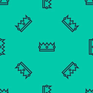 Mavi çizgi Crown simgesi yeşil arka planda kusursuz desen izole etti. Vektör İllüstrasyonu