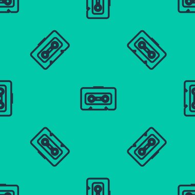 Mavi çizgi Retro ses kaset ikonu yeşil arkaplanda izole edilmiş kusursuz desen. Vektör İllüstrasyonu