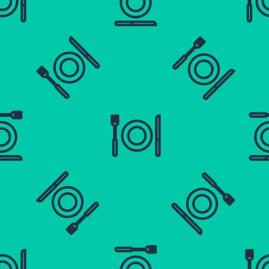 Mavi çizgi plaka, çatal ve bıçak ikonu yeşil arka planda izole edilmiş pürüzsüz desen. Çatal bıçak sembolü. Restoran tabelası. Vektör İllüstrasyonu