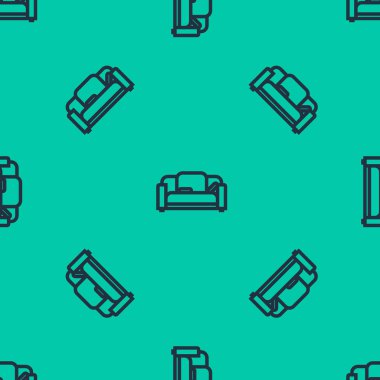 Mavi çizgi kanepe simgesi yeşil arkaplanda kusursuz desen izole etti. Vektör İllüstrasyonu