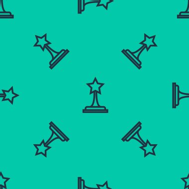 Mavi çizgi film ödülü ikonu yeşil arka planda izole edilmiş kusursuz desen. Akademi ödülü ikonu. Filmler ve sinema sembolü. Vektör İllüstrasyonu