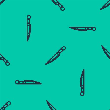 Mavi çizgi bıçak ikonu yeşil arka planda kusursuz desen izole etti. Çatal bıçak sembolü. Vektör İllüstrasyonu