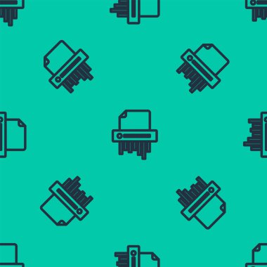 Mavi çizgi Kağıt Parçalayıcı gizli ve özel belge ofisi bilgi koruma ikonu yeşil arka planda kusursuz desen izole etti. Vektör İllüstrasyonu