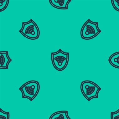 Kablosuz internet ağ sembolü olan Mavi Hat Kalkanı yeşil arka planda izole edilmiş pürüzsüz desen. Güvenlik konsepti. Vektör İllüstrasyonu