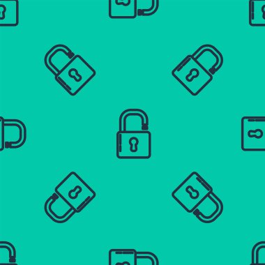 Mavi çizgi Açık asma kilit simgesi yeşil arkaplanda izole edilmiş pürüzsüz desen. Kilit açık işareti. Siber güvenlik kavramı. Dijital veri koruması. Güvenlik kilidi. Vektör İllüstrasyonu