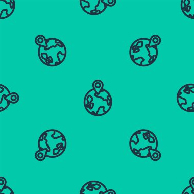 Mavi çizgi dünya ikonu yeşil arkaplandaki kusursuz deseni izole etti. Yerküreye iğnele. Vektör İllüstrasyonu