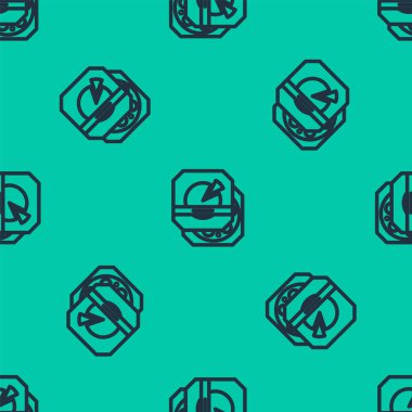 Karton kutu simgesindeki mavi çizgi pizza yeşil arka planda izole edilmiş pürüzsüz desen. Düzen elemanlarıyla birlikte kutu. Vektör İllüstrasyonu