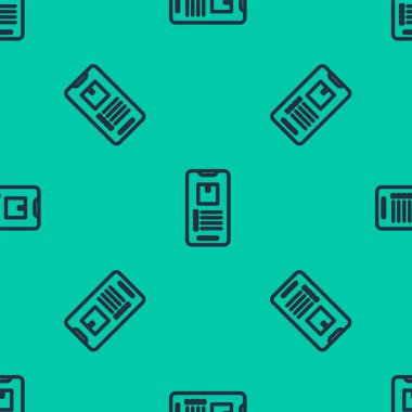 Uygulama dağıtım simgesine sahip mavi çizgi mobil akıllı telefon yeşil arkaplanda izole edilmiş pürüzsüz desen. Paket takibi. Vektör İllüstrasyonu