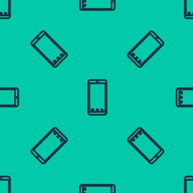 Uygulama dağıtım simgesine sahip mavi çizgi mobil akıllı telefon yeşil arkaplanda izole edilmiş pürüzsüz desen. Paket takibi. Vektör İllüstrasyonu