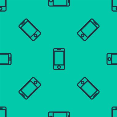 Uygulama dağıtım simgesine sahip mavi çizgi mobil akıllı telefon yeşil arkaplanda izole edilmiş pürüzsüz desen. Paket takibi. Vektör İllüstrasyonu