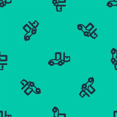 Mavi çizgi Forklift ikonu yeşil arka planda izole edilmiş pürüzsüz desen. Çatal doldurucu ve karton kutu. Kargo teslimatı, nakliye, ulaşım. Vektör İllüstrasyonu