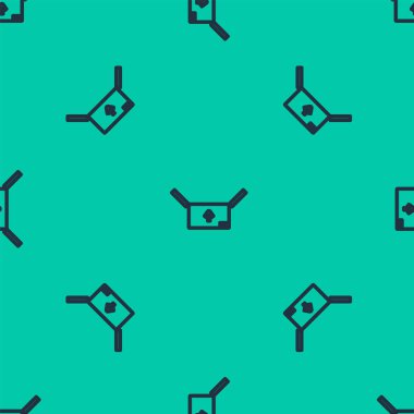 Üzerinde trafik sembolü simgesi olan mavi çizgi karton kutu yeşil arka planda izole edilmiş kusursuz desen. Kutu, paket, paket işareti. Teslimat, ulaşım ve nakliye. Vektör İllüstrasyonu