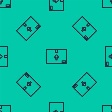 Üzerinde trafik sembolü simgesi olan mavi çizgi karton kutu yeşil arka planda izole edilmiş kusursuz desen. Kutu, paket, paket işareti. Teslimat, ulaşım ve nakliye. Vektör İllüstrasyonu