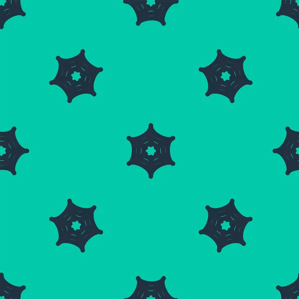 Línea azul Spider web icono aislado patrón sin costuras sobre fondo verde. Signo Cobweb. Feliz fiesta de Halloween. Ilustración vectorial — Archivo Imágenes Vectoriales