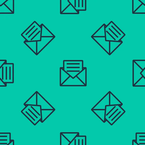 Envelope de linha azul com ícone de cartão de convite isolado padrão sem costura no fundo verde. Ilustração vetorial — Vetor de Stock