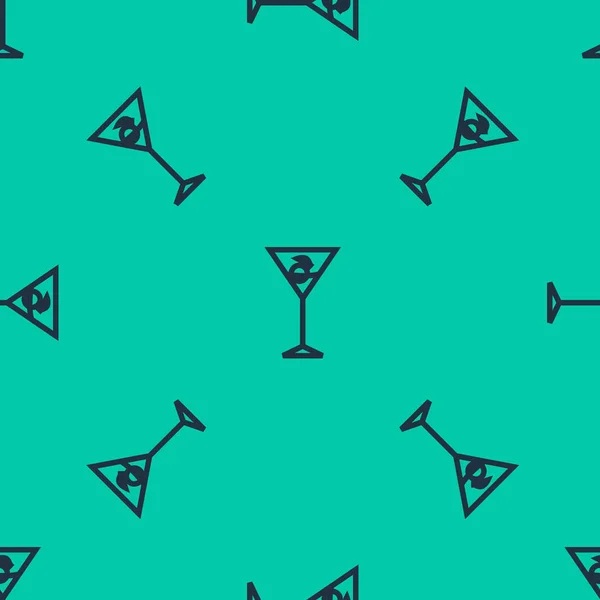 Ligne bleue Martini icône en verre isolé motif sans couture sur fond vert. Icône de cocktail. icône de verre de vin. Illustration vectorielle — Image vectorielle