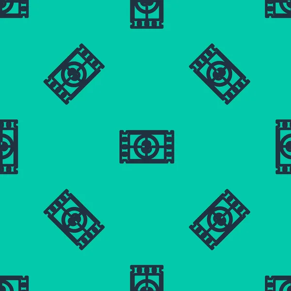 Ligne bleue Jouer icône vidéo isolé motif sans couture sur fond vert. Bande de film avec panneau de démarrage. Illustration vectorielle — Image vectorielle