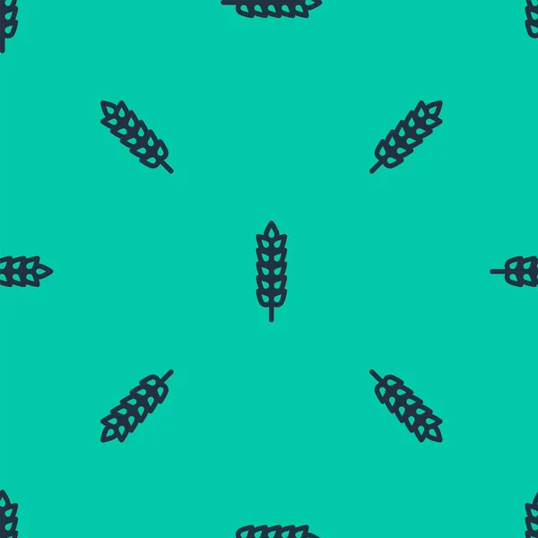 Línea azul Cereales engastados con arroz, trigo, maíz, avena, centeno, cebada icono aislado patrón sin costura sobre fondo verde. Orejas de pan de trigo símbolos. Ilustración vectorial — Archivo Imágenes Vectoriales