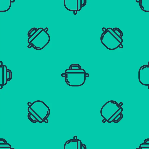 Blaue Linie Kochtopf Symbol isoliert nahtlose Muster auf grünem Hintergrund. Essen kochen oder schmoren. Vektorillustration — Stockvektor