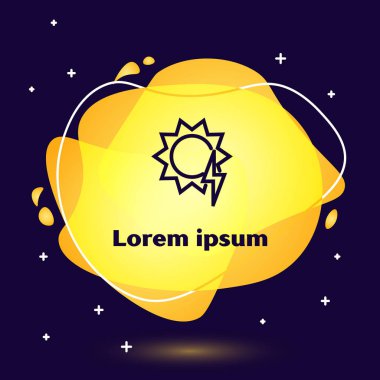 Siyah çizgi güneş enerjisi simgesi koyu mavi arkaplanda izole edilmiş. Yıldırım sembollü güneş. Sıvı şekilli soyut pankart. Vektör İllüstrasyonu