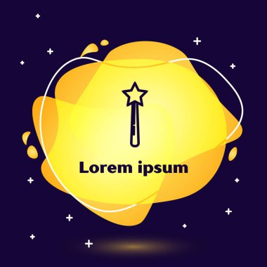 Siyah çizgi sihirli değnek simgesi koyu mavi arkaplanda izole edildi. Yıldız şeklinde sihirli aksesuar. Sihirli güç. Sıvı şekilli soyut pankart. Vektör İllüstrasyonu