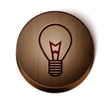 Beyaz arka planda izole edilmiş fikir simgesi kavramına sahip kahverengi çizgi ampulü. Enerji ve fikir sembolü. İlham konsepti. Tahta daire düğmesi. Vektör İllüstrasyonu