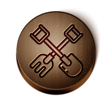 Kahverengi çizgi kürek ve tırmık simgesi beyaz arka planda izole edildi. Bahçecilik, tarım, bahçıvanlık, çiftçilik aletleri. Toprak işçisi. Tahta daire düğmesi. Vektör İllüstrasyonu