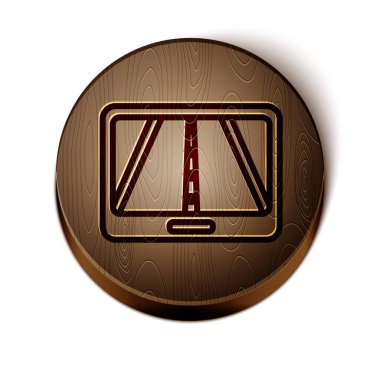 Şehir haritası yön bulma simgesinin kahverengi çizgi bilgileri beyaz arkaplanda izole edildi. Mobil Uygulama Arayüzü tasarımı. Coğrafi konsept. Tahta daire düğmesi. Vektör İllüstrasyonu