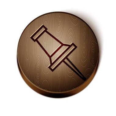 Kahverengi çizgi Push pin simgesi beyaz arkaplanda izole edildi. Raptiye işareti. Tahta daire düğmesi. Vektör İllüstrasyonu