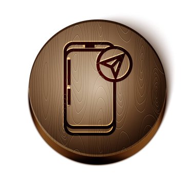 Şehir haritası yön bulma simgesinin kahverengi çizgi bilgileri beyaz arkaplanda izole edildi. Mobil Uygulama Arayüzü tasarımı. Coğrafi konsept. Tahta daire düğmesi. Vektör İllüstrasyonu