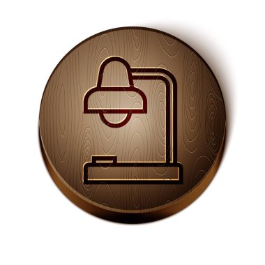 Kahverengi çizgi masa lambası simgesi beyaz arkaplanda izole edildi. Ofis lambası. Tahta daire düğmesi. Vektör İllüstrasyonu