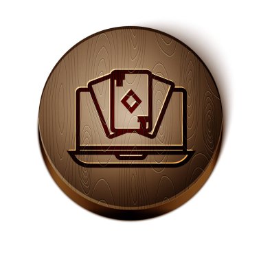 Brown line Online poker masası simgesi beyaz arkaplanda izole edildi. İnternetteki kumarhane. Tahta daire düğmesi. Vektör İllüstrasyonu
