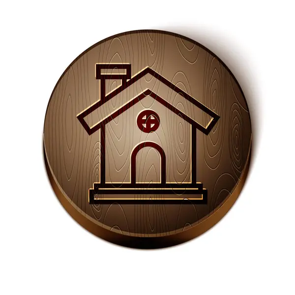 Brązowa linia Ikona domu izolowana na białym tle. Symbol domowy. Drewniany przycisk koła. Ilustracja wektora — Wektor stockowy