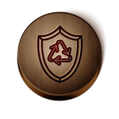 Kahverengi çizgi geri dönüşüm sembolü beyaz arkaplanda izole edilmiş bir kalkan simgesi. Çevre koruma işareti. Tahta daire düğmesi. Vektör İllüstrasyonu