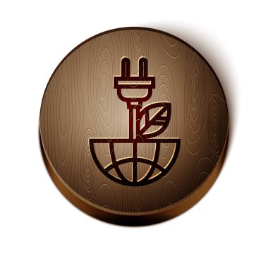 Yaprak simgesindeki elektrik prizi beyaz arkaplanda izole edildi. Enerji tasarrufu ikonu. Çevre koruma ikonu. Biyolojik enerji. Tahta daire düğmesi. Vektör İllüstrasyonu