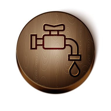 Kahverengi çizgi su musluğu simgesi beyaz arkaplanda izole edildi. Tahta daire düğmesi. Vektör İllüstrasyonu