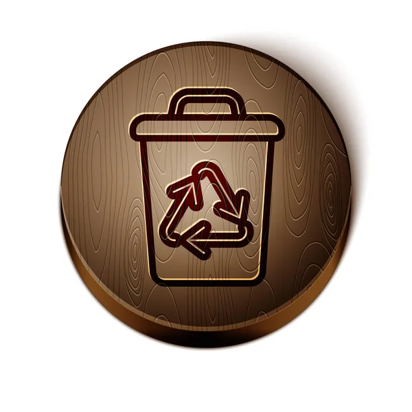 Ligne brune Corbeille avec icône de symbole de recyclage isolé sur fond blanc. Icône poubelle. Panneau poubelle. Panneau panier de recyclage. Bouton rond en bois. Illustration vectorielle — Image vectorielle