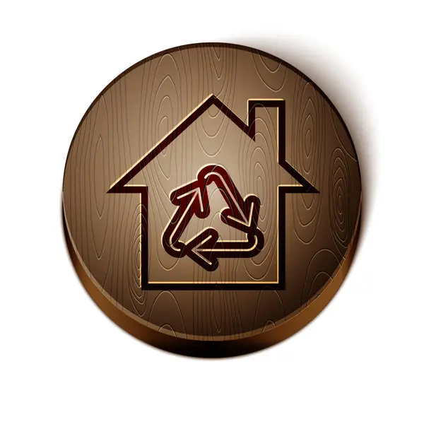 Brown linha Eco House com ícone símbolo de reciclagem isolado no fundo branco. Casa de ecologia com setas reciclar. Botão de círculo de madeira. Ilustração vetorial —  Vetores de Stock