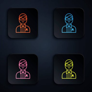 Renkli neon çizgi bilim adamı simgesi siyah arkaplanda izole edildi. Renkli kare düğmelere simgeleri yerleştir. Vektör İllüstrasyonu