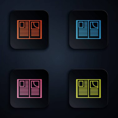 Renk neon çizgisi Açık kitap simgesi siyah arkaplanda izole edildi. Renkli kare düğmelere simgeleri yerleştir. Vektör İllüstrasyonu