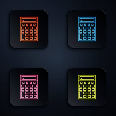 Renk neon çizgisi hesap makinesi simgesi siyah arkaplanda izole edildi. Muhasebe sembolü. İş hesaplamaları matematik eğitimi ve finans. Renkli kare düğmelere simgeleri yerleştir. Vektör İllüstrasyonu