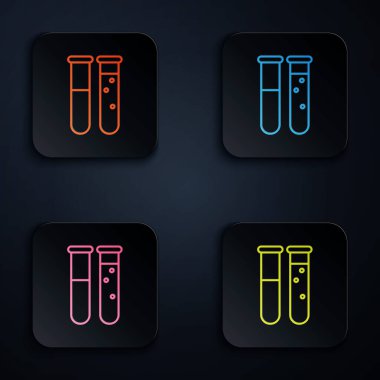 Renkli neon hattı test tüpü ve siyah arkaplanda izole edilmiş kimyasal test ikonu. Laboratuvar cam levhası. Renkli kare düğmelere simgeleri yerleştir. Vektör İllüstrasyonu
