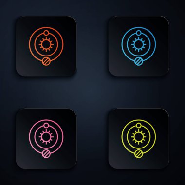 Renkli neon çizgi güneş sistemi simgesi siyah arkaplanda izole edildi. Gezegenler yıldızın etrafında dönerler. Renkli kare düğmelere simgeleri yerleştir. Vektör İllüstrasyonu