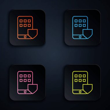 Siyah arkaplanda kalkan simgesi olan renkli neon hat cep telefonu. Akıllı telefon sigortası. Güvenlik, güvenlik, koruma, konsept koruma. Renkli kare düğmelere simgeleri yerleştir. Vektör İllüstrasyonu