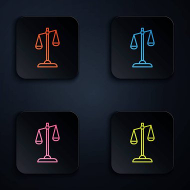 Renkli neon çizgisi siyah arkaplanda adalet sembolü. Hukuk mahkemesi sembolü. Denge tabelaları. Renkli kare düğmelere simgeleri yerleştir. Vektör İllüstrasyonu