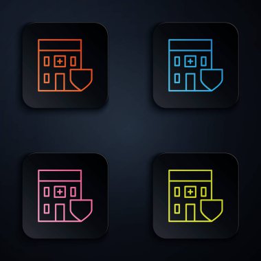 Siyah arka planda kalkan ikonu olan renkli neon çizgili hastane binası. Sağlık sigortası. Güvenlik, güvenlik, koruma kavramı. Renkli kare düğmelere simgeleri yerleştir. Vektör İllüstrasyonu